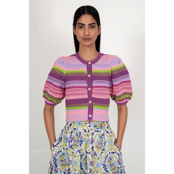 Banjanan Sweaters - Banjanan Celeste Multi Weave Crochet Short Sleeve Cardigan Sweater